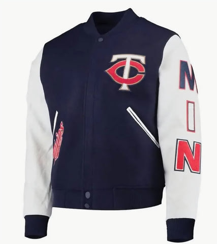 Minnesota Twins Logo Blue Wool & White Leather Sleeves Varsity Letterman Jacket
