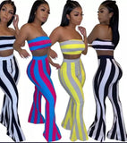  2020 Hot strapless tube crop top high waist flared pants striped women clothing two piece set